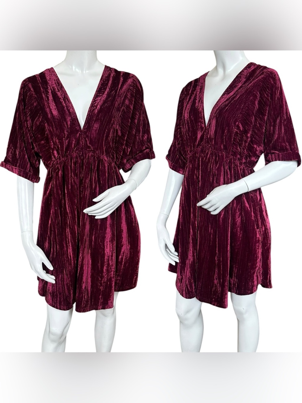 Natural Life Deep Red Pleated Velvet Empire Waist Dolman Sleeve Mini Dress L/XL